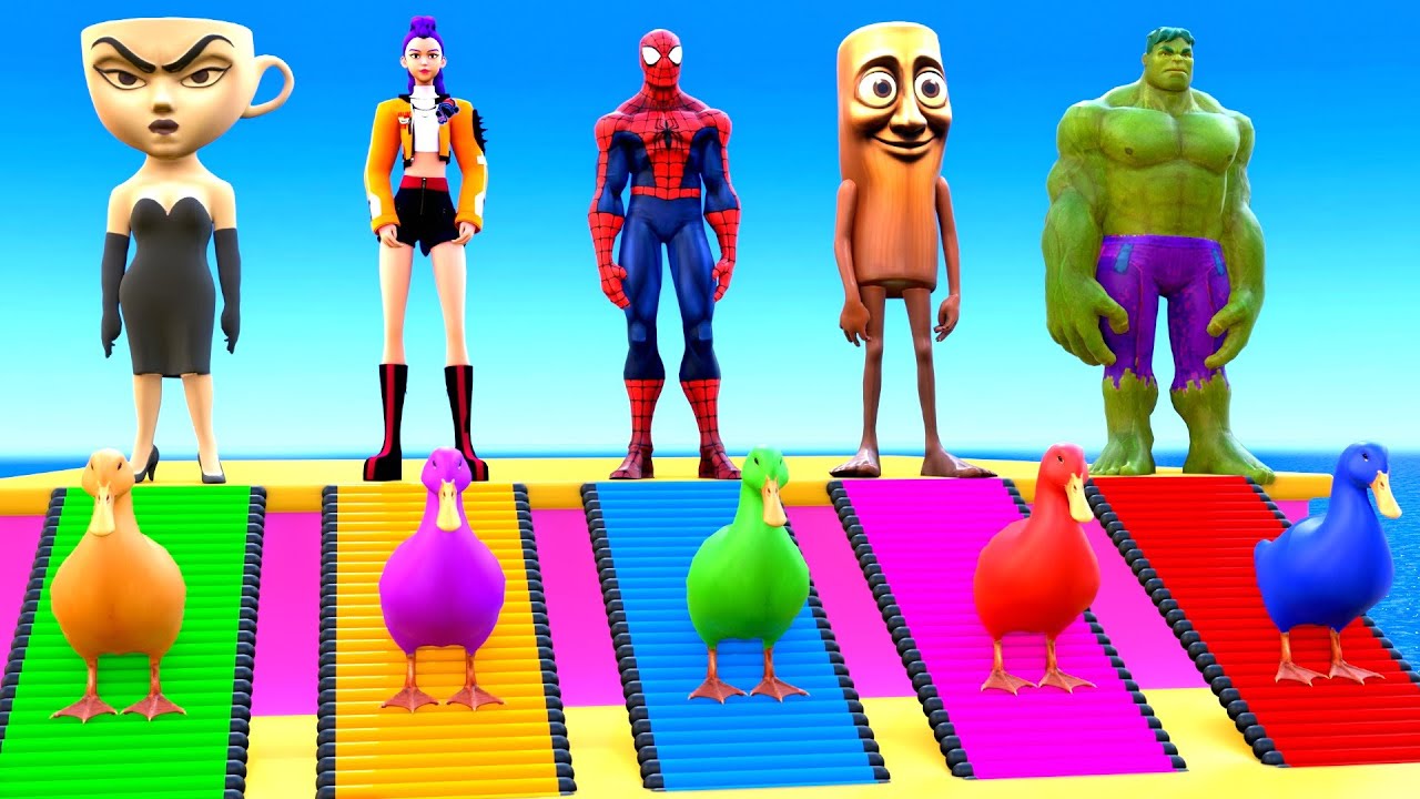 Playing as Spideman in Long Slide Game with Cow Elephant Gorilla - 3d Animal Game - Funny 3d Animals