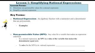 Math 20-1 Lesson 1: Simplifying Rational Expressions