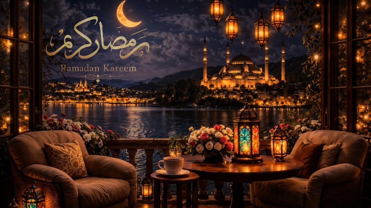 Serenity of Ramadan Kareem | Cozy Balcony overlooking Crescent Moon خلفية أجواء رمضان كريم