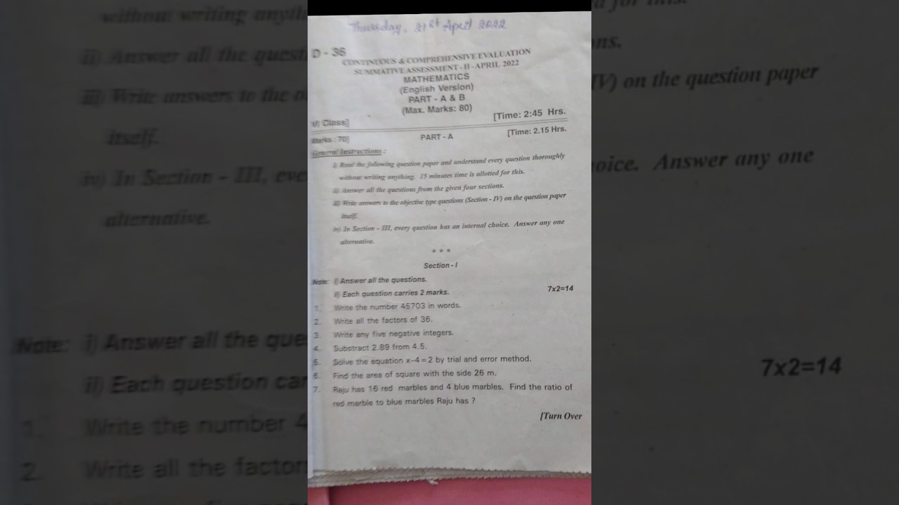 6th class Maths SA2 Question paper 2022 