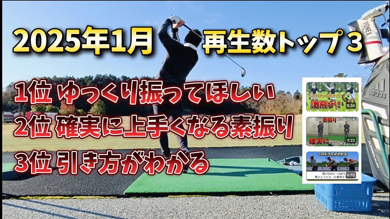 2025年1月再生数トップ3をまとめて公開❗１位27万回再生ゆっくり振ったら激飛び 2位17万回再生この素振りをすれば確実に上手くなる 3位16万回再生この引き方がわかる
