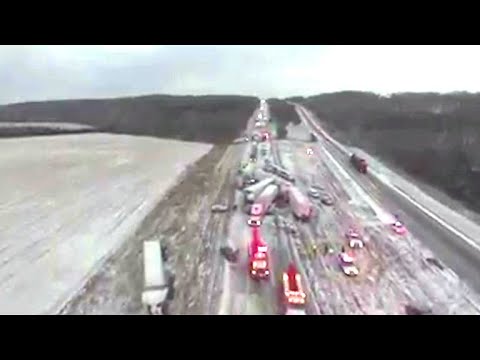 Drone video shows aftermath of 50-car pile-up in Missouri