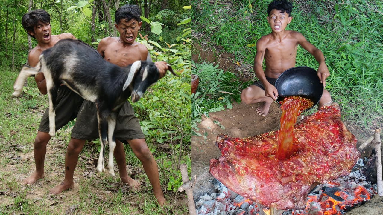 Primitive Technology - Meet The Goat And Cooking & Eating delicious