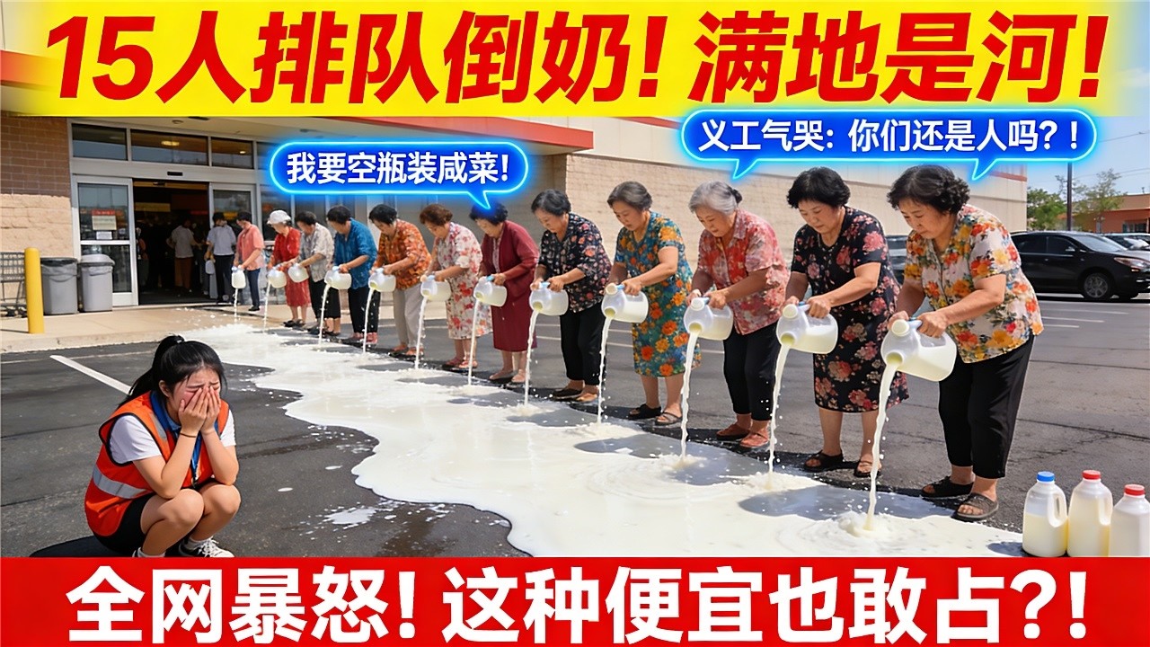 15名大妈排队领免费牛奶！领到手后直接在门口倒掉！只为了要那个空塑料瓶装咸菜！'这奶不好喝，瓶子好用！' 地上流淌着白色的河！义工气哭！