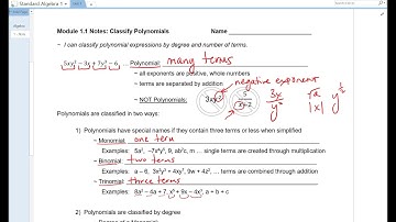 Video Notes 1.1 Classifying Polynomials