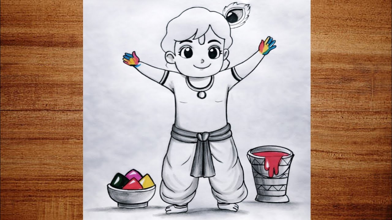 How to Draw Cute Krishna Playing Holi | Step by Step Drawing 
