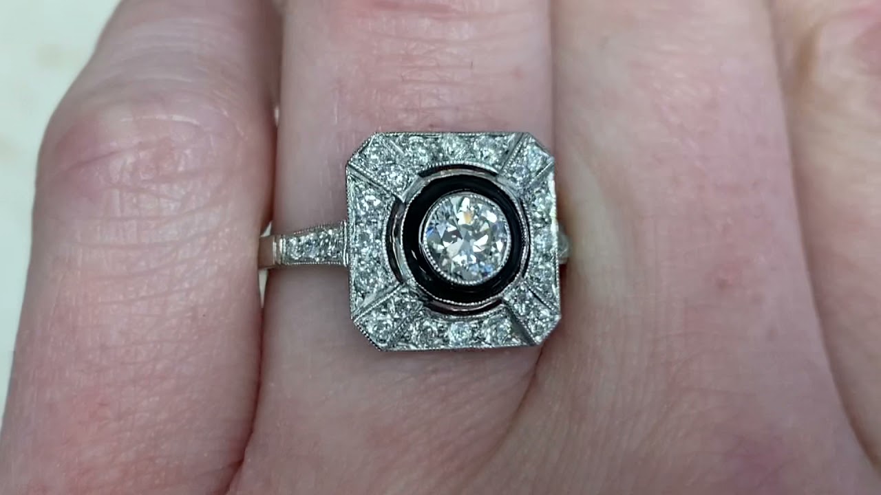 0.40ct Center Round Brilliant Cut Diamond and Onyx Halo Engagement Ring - Olympia Ring - Hand Video