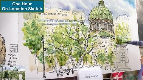 How to Sketch Cityscape, Trees and Paint Sky Using Ink and Watercolors | Full Process Tutorial