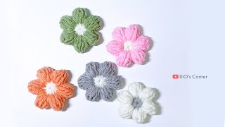 Crochet a puff flower | Hướng dẫn móc hoa 6 cánh | RiO's Corner