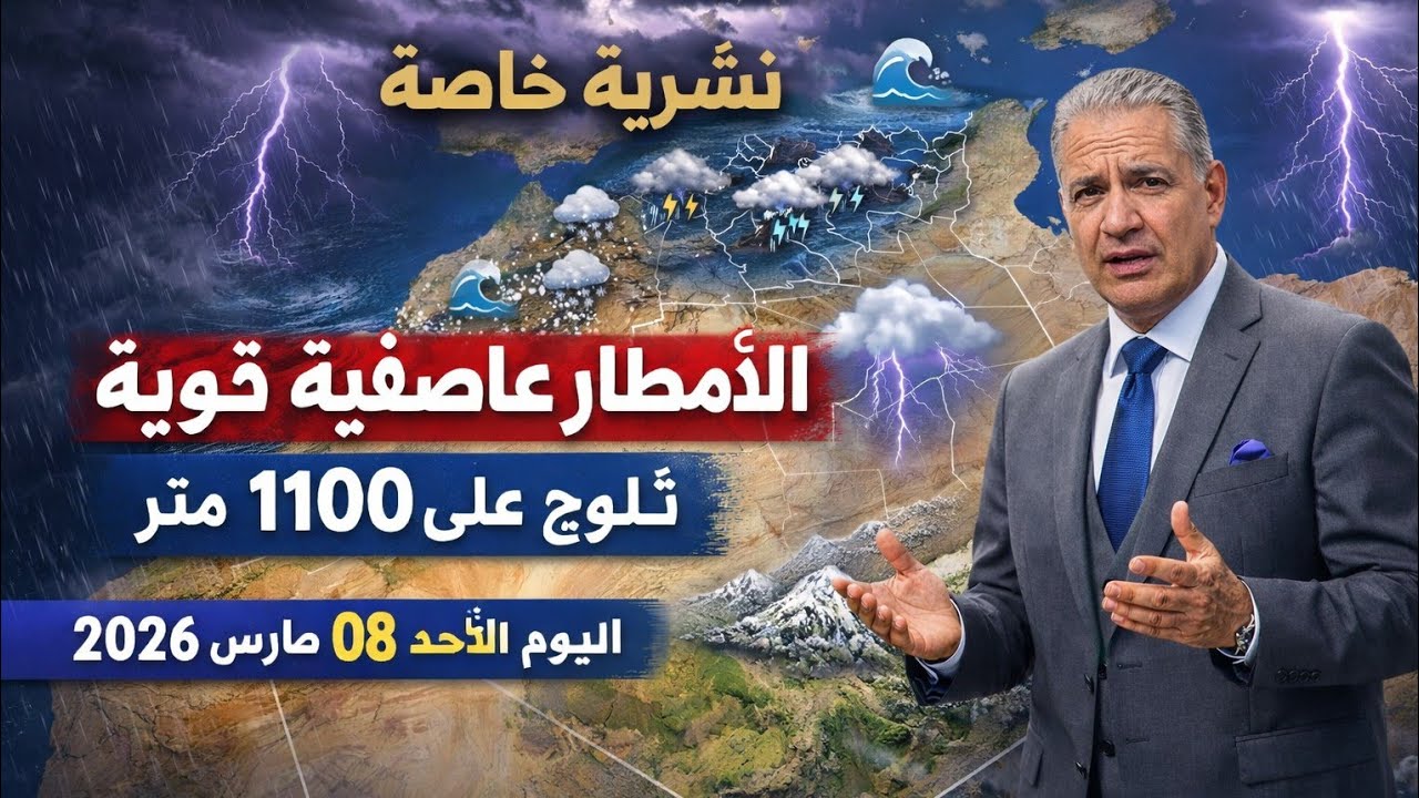 أحوال الطقس في الجزائر: غدا الأحد 08 مارس 2026 تساقط الأمطار عاصفية قوية وهذه الولايات المعنية