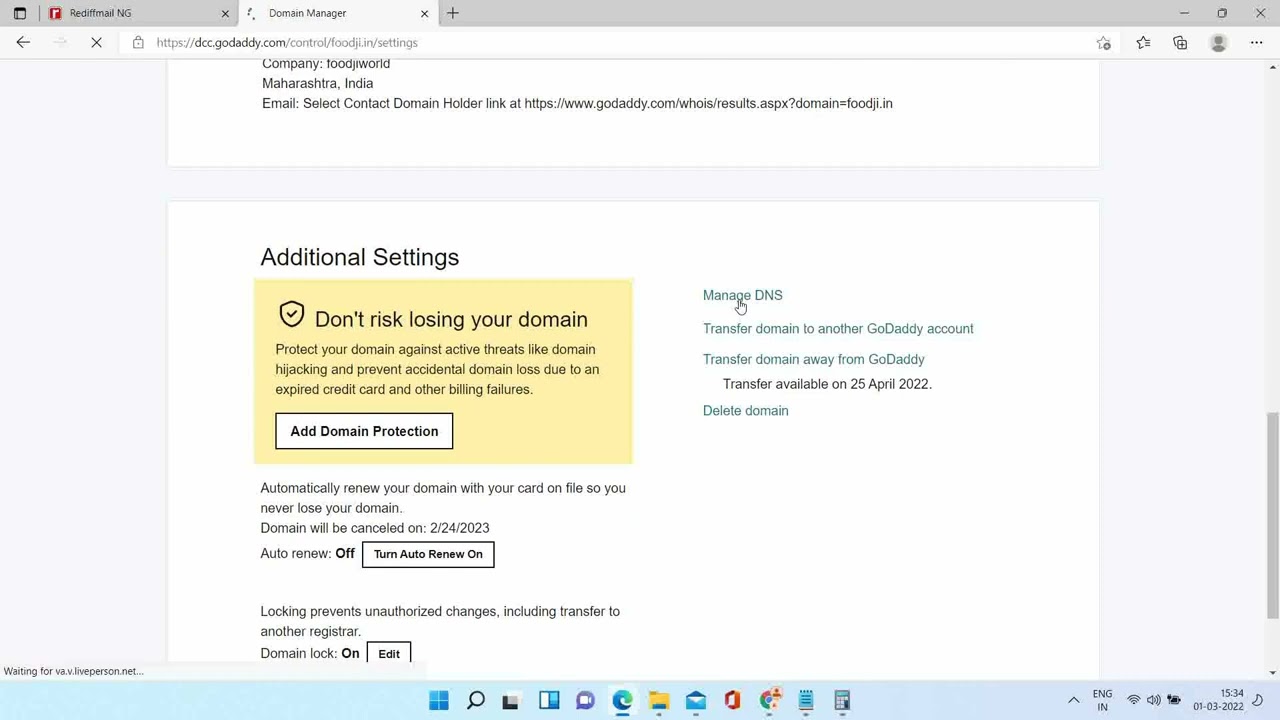 Rediffmail Pro - DNS changes for Godaddy Panel