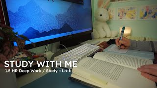 1.5 HOUR STUDY WITH ME, Chill Lo-fi Music | Relaxing Hours Long :: Nighttime, Deep Work Focus