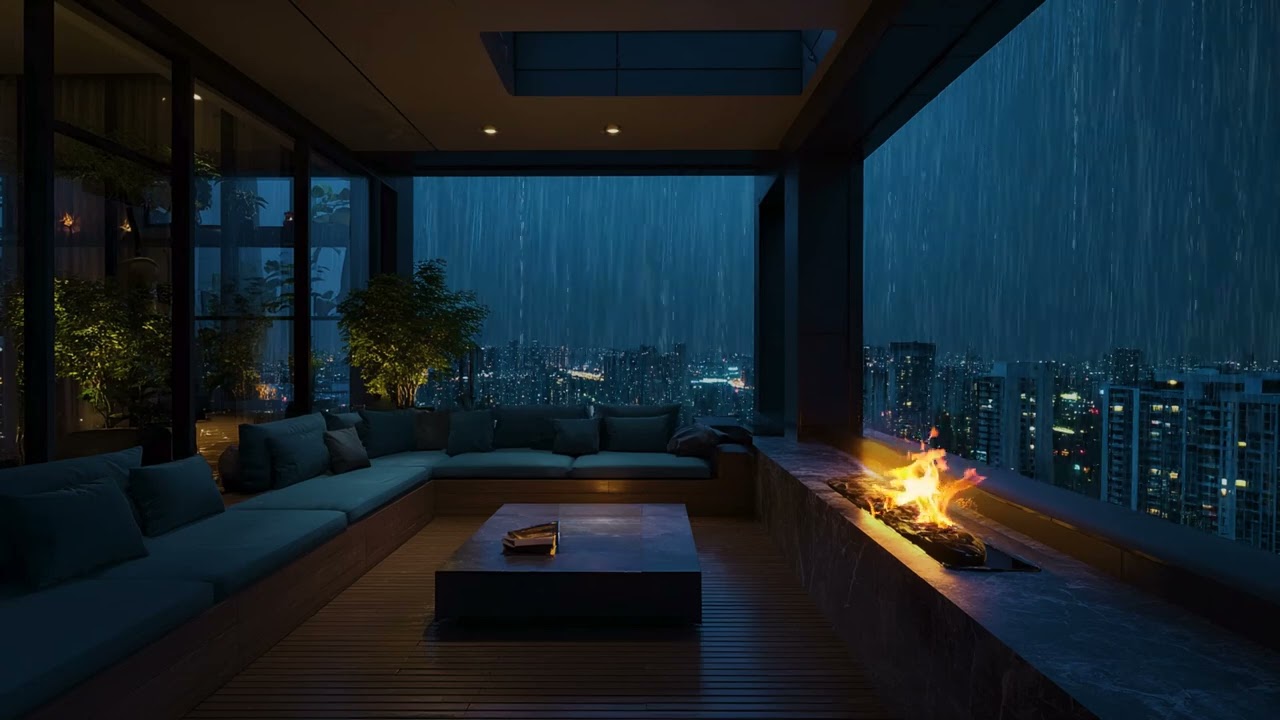 Cozy Rooftop Evening by the Fire | Gentle City Sounds & Warm Light for Deep Sleep Relaxation