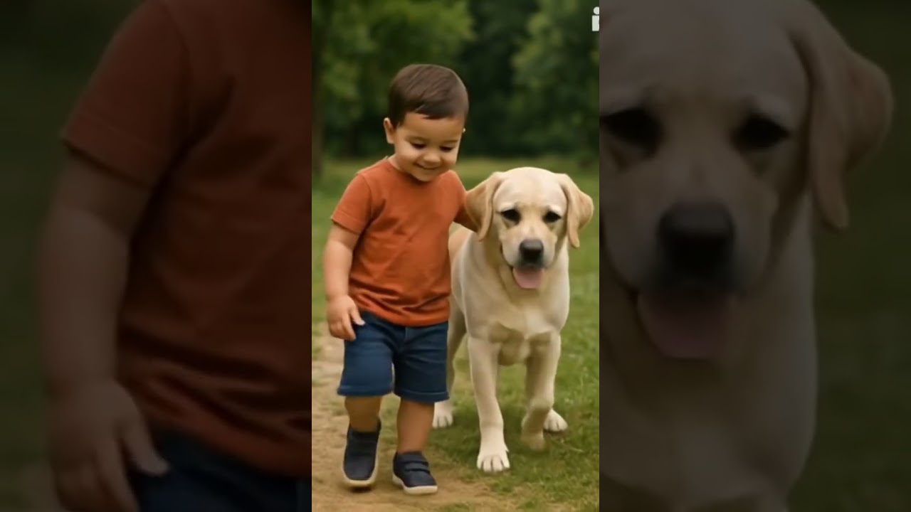 cute baby Walking with dog 
