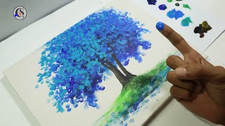 Melukis Pohon dengan Satu Jari / Melukis Pohon Biru / Melukis Akrilik untuk Pemula Bagian 2