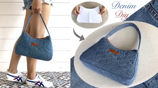 sewing diy a small shoulder bag with zipper from old jeans tutorial, sewing shoulder bag patterns