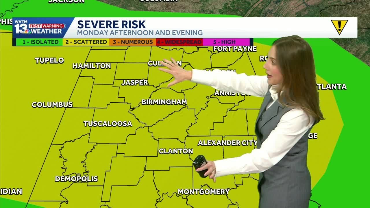 Slight risk for severe storms in Alabama, with wind and hail threats Monday afternoon.