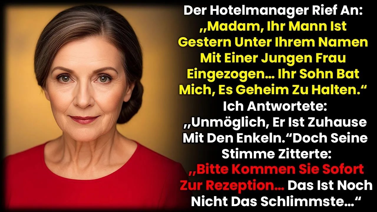 Der Hotelmanager rief mich an und sagte: „Gnädige Frau, Ihr Mann ist gerade unter Ihrem Namen mit einer jungen Frau in der Präsidentensuite eingecheckt. Ihr Sohn hat mir Geld geboten, damit ich...