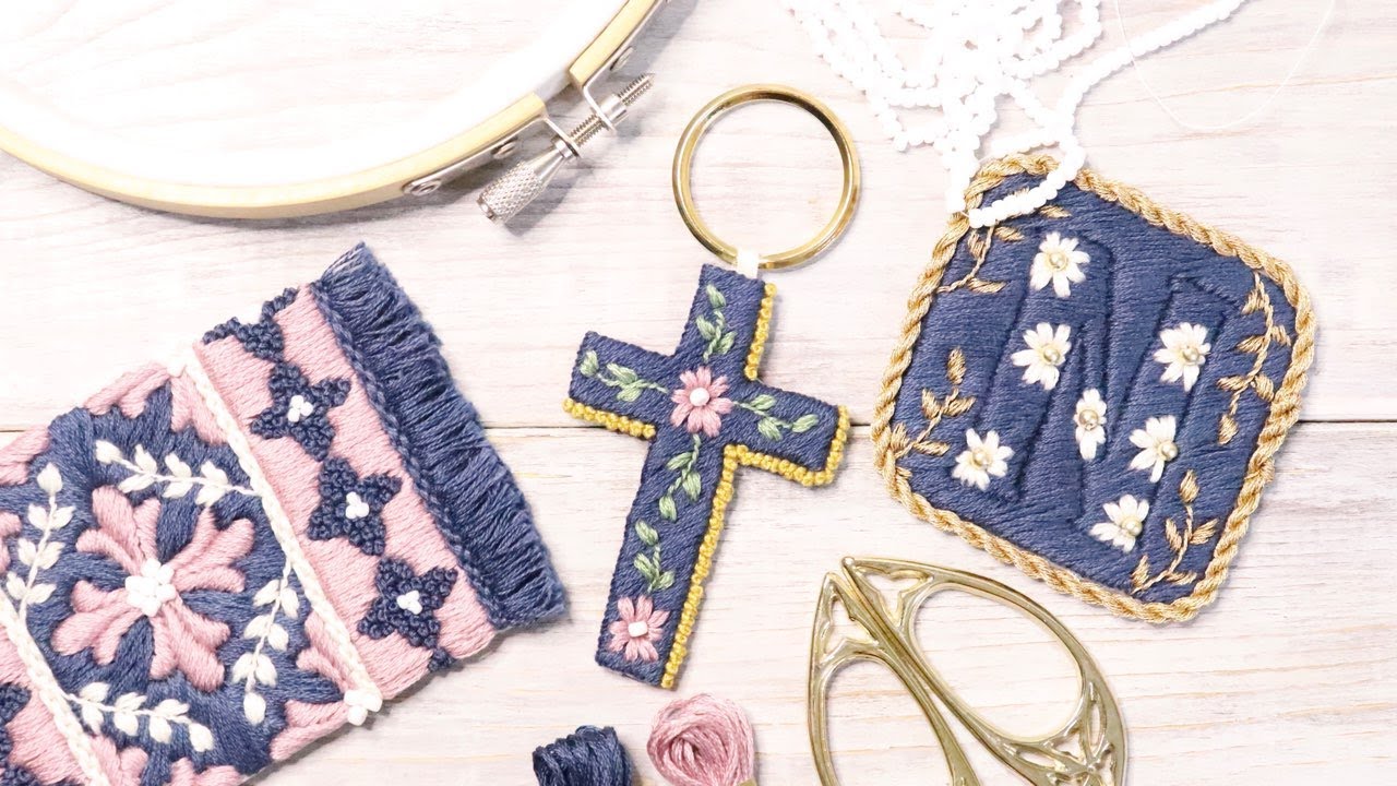 お花模様のクロス刺繍のキーリング 刺繍図案付 Hand Embroidery By L Atelier Sfil Youtube
