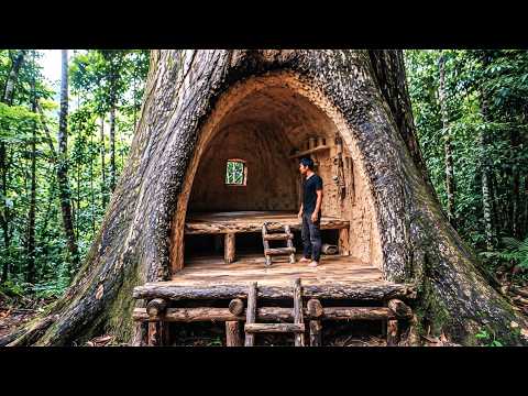 I Built a Warm Survival House in a Tree Trunk with Clay Fireplace: Catch & Cook