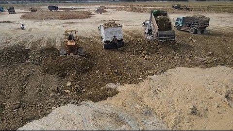 Best Action Skills Operator Dozer Working Pushing Stone And Dump Truck Working Unloading Stone