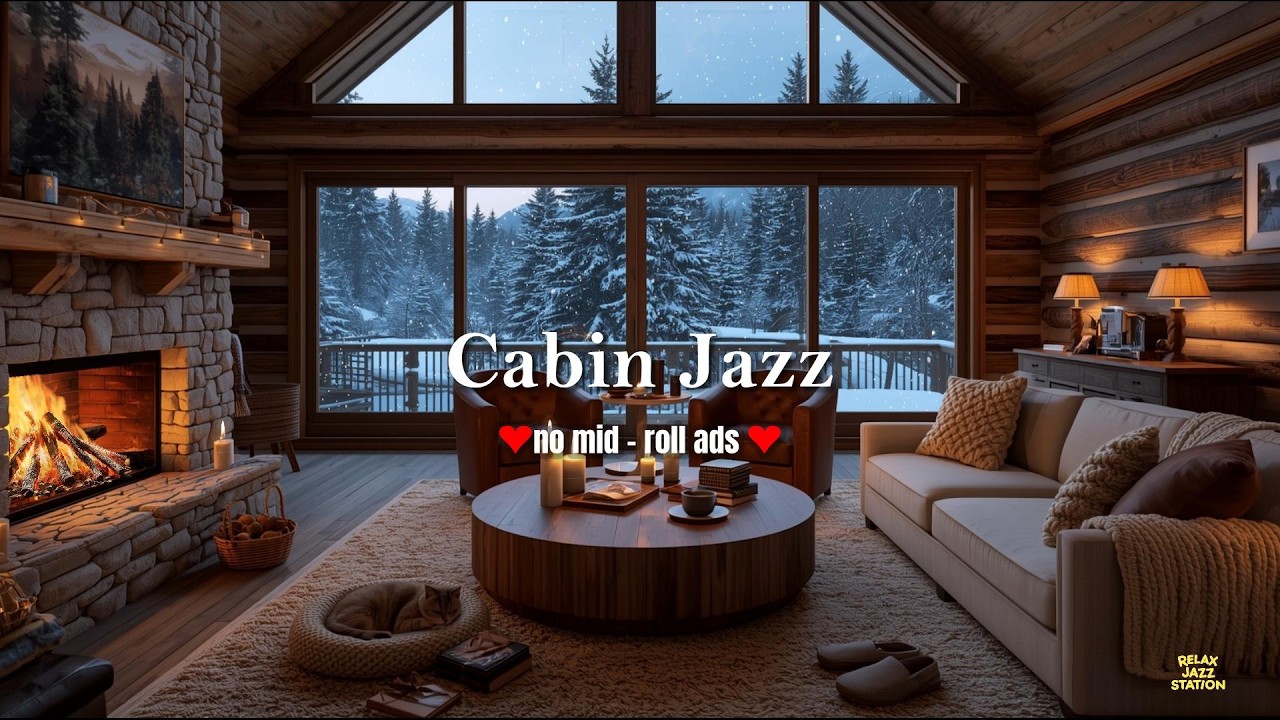Warm Cabin Jazz (NO MID-ROLL ADS) – Cozy Fireplace Ambience for Relaxation