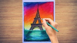Draw Eiffel Tower Very Easily Step By Step | How To Draw Eiffel Tower With Oil Pastel