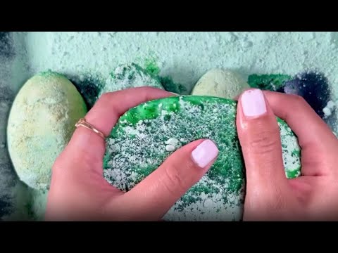 Asmr artist satisfyingly crushes Green dyed soft reformed gym chalk ovals