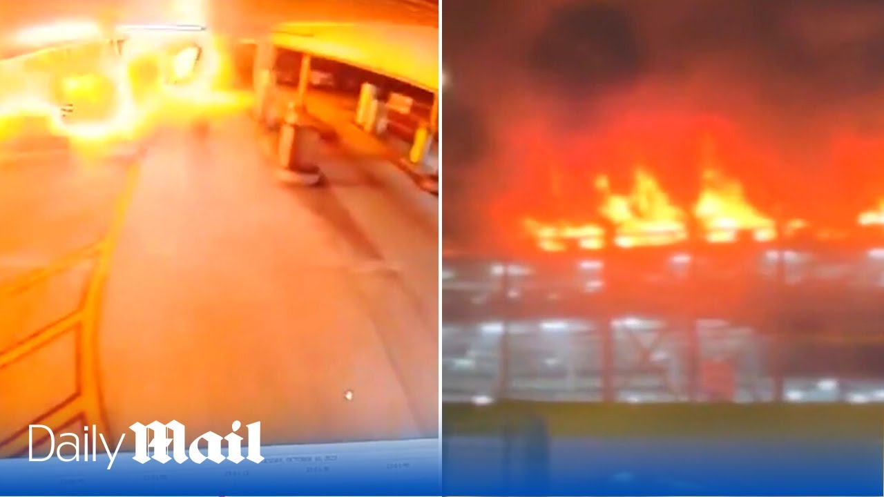 Dramatic moment a car explodes causing Luton Airport car park to set ablaze and collapse