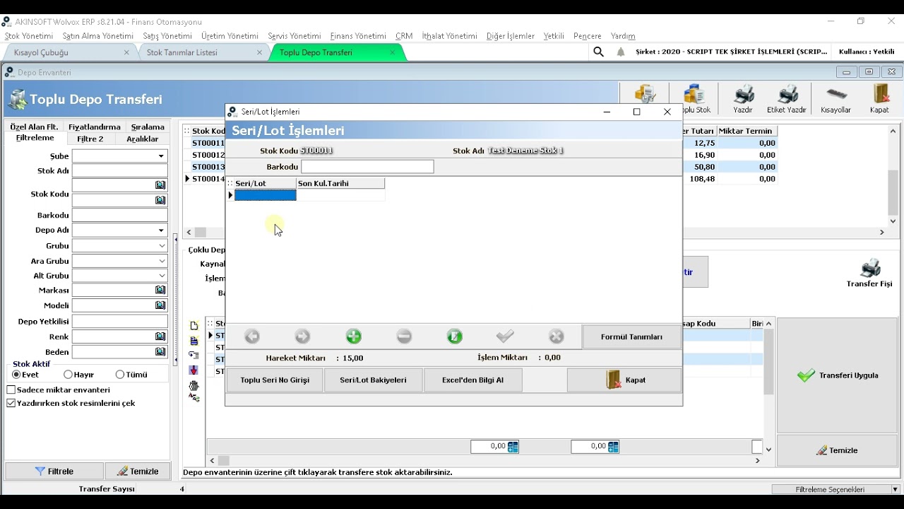 Akınsoft Wolvox 8 ERP Toplu Depo Transferi Seri No Aktarım Script