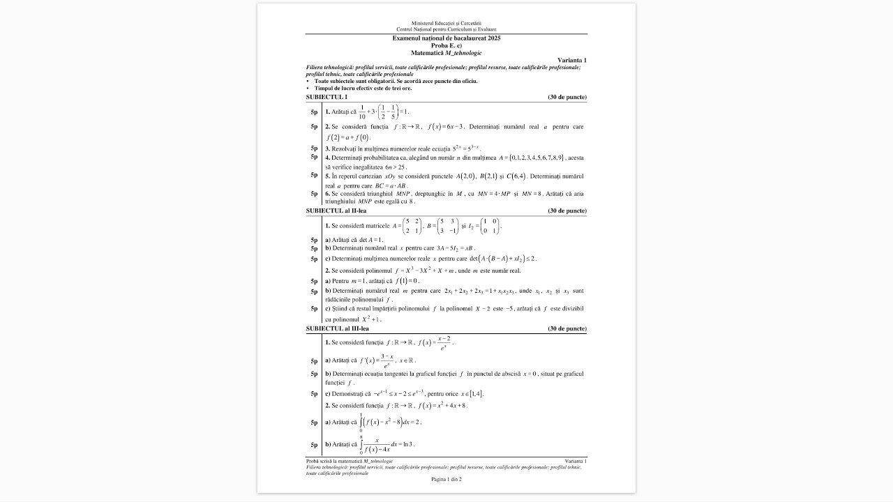 Rezolvarea subiectului de Bacalaureat 2025 - Tehnologic