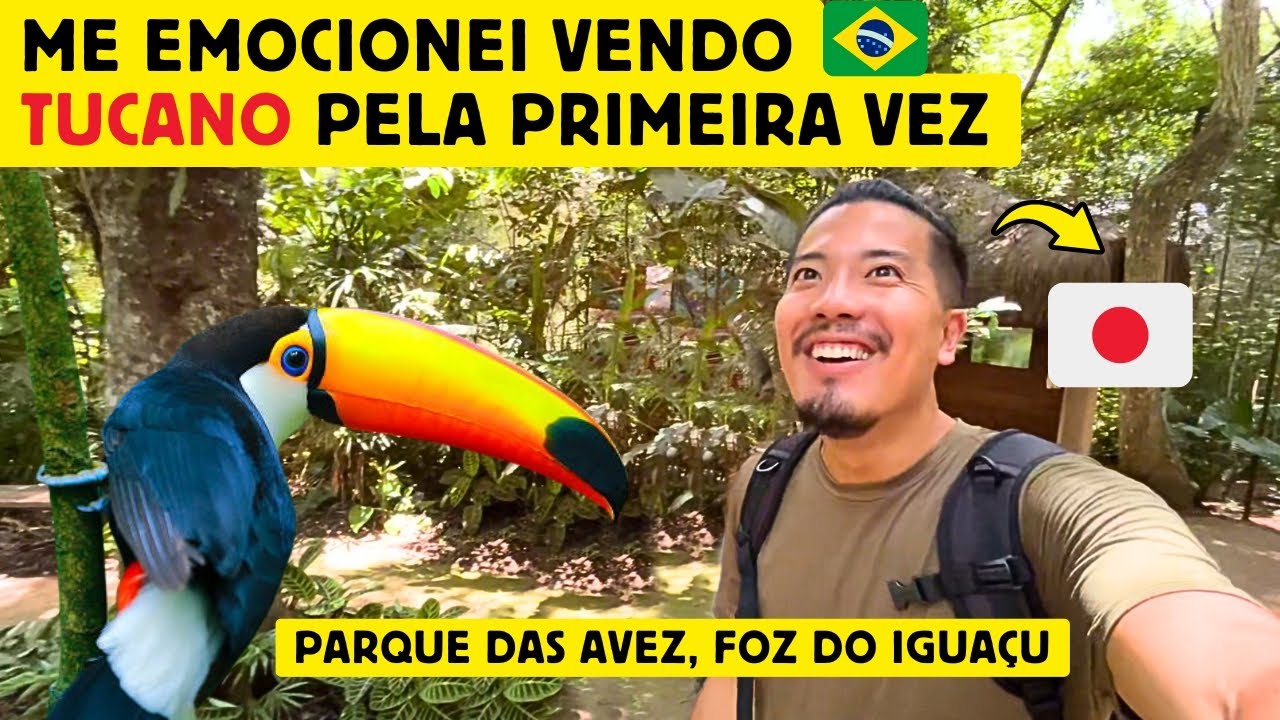 Um japonês se emociona vendo tucano pela primeira vez. Parque das aves, Foz do Iguaçu