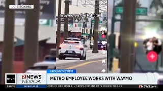 Waymo car drives down light rail tracks in Arizona