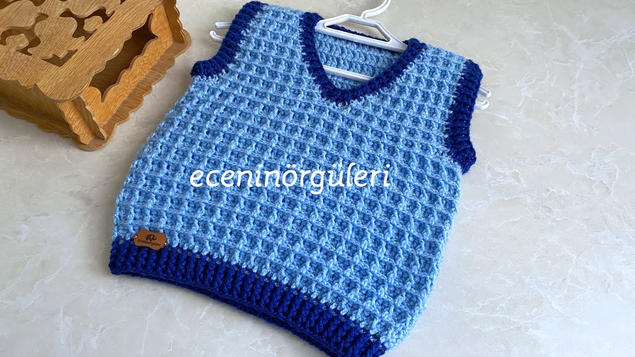 Crochet Baby Sweater/Tığ işi Waffle Model Bebek Kazak /Süveter /Erkek Bebek Yeleği/ 1 yaş için