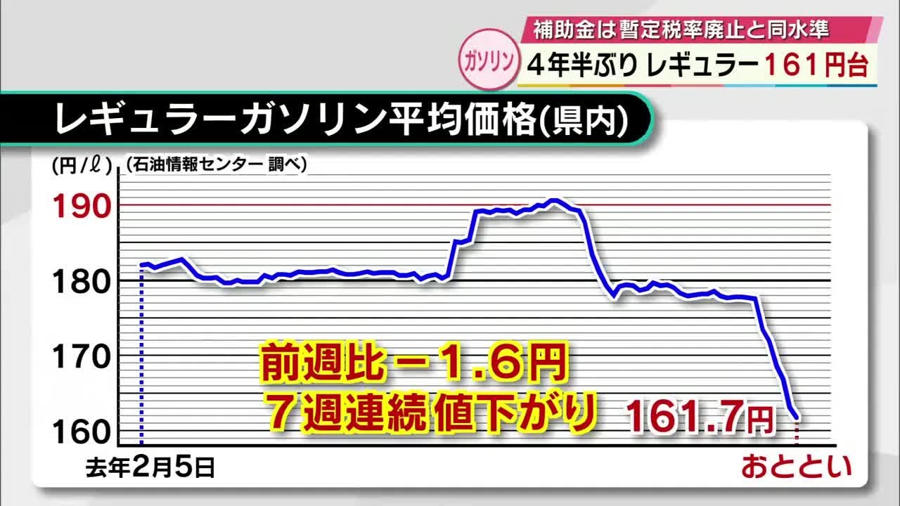 ガソリン価格161.7円 7週連続で前の週を下回り4年半ぶりの161円台 大分