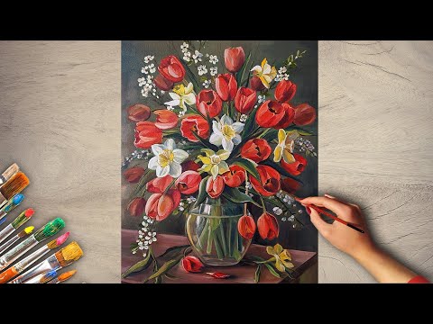 How to paint Tulips  Bouquet of Flowers oil painting timelapse
