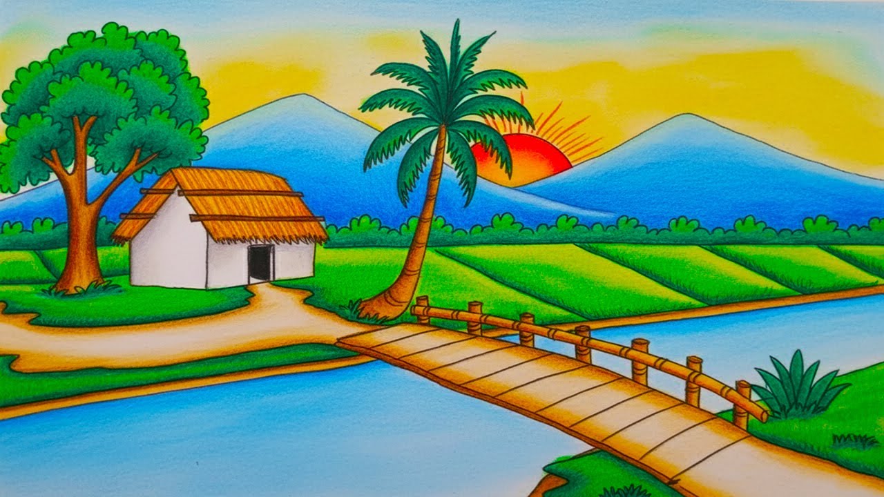 How to Draw Easy Scenery Drawing Village Sunset | Landscape Mountain Drawing with  River & Bridge