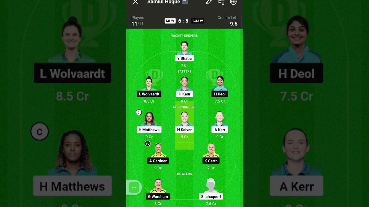 MI-W vs GUJ-W DREAM11 TEAM/DREAM11 GL production Match 