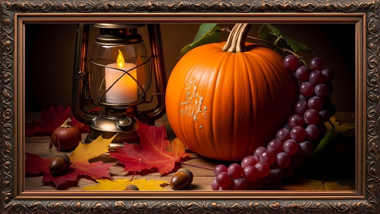 Autumn Candlelight Still Life, Cozy Harvest Scene  Bronze Framed TV Art Screensaver