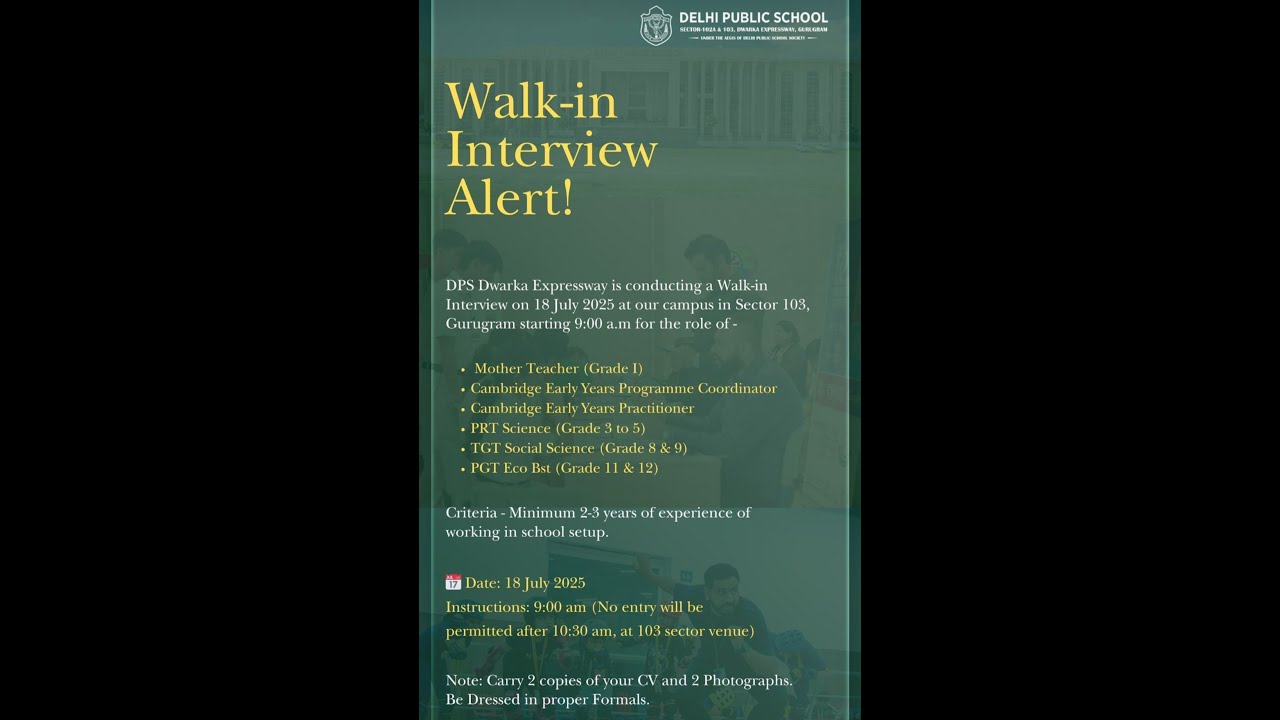 DELHI PUBLIC SCHOOL !! NEW TEACHER RECRUITMENT 2025-26 !! TEACHER VACANCY !! DIRECT INTERVIEW !!!