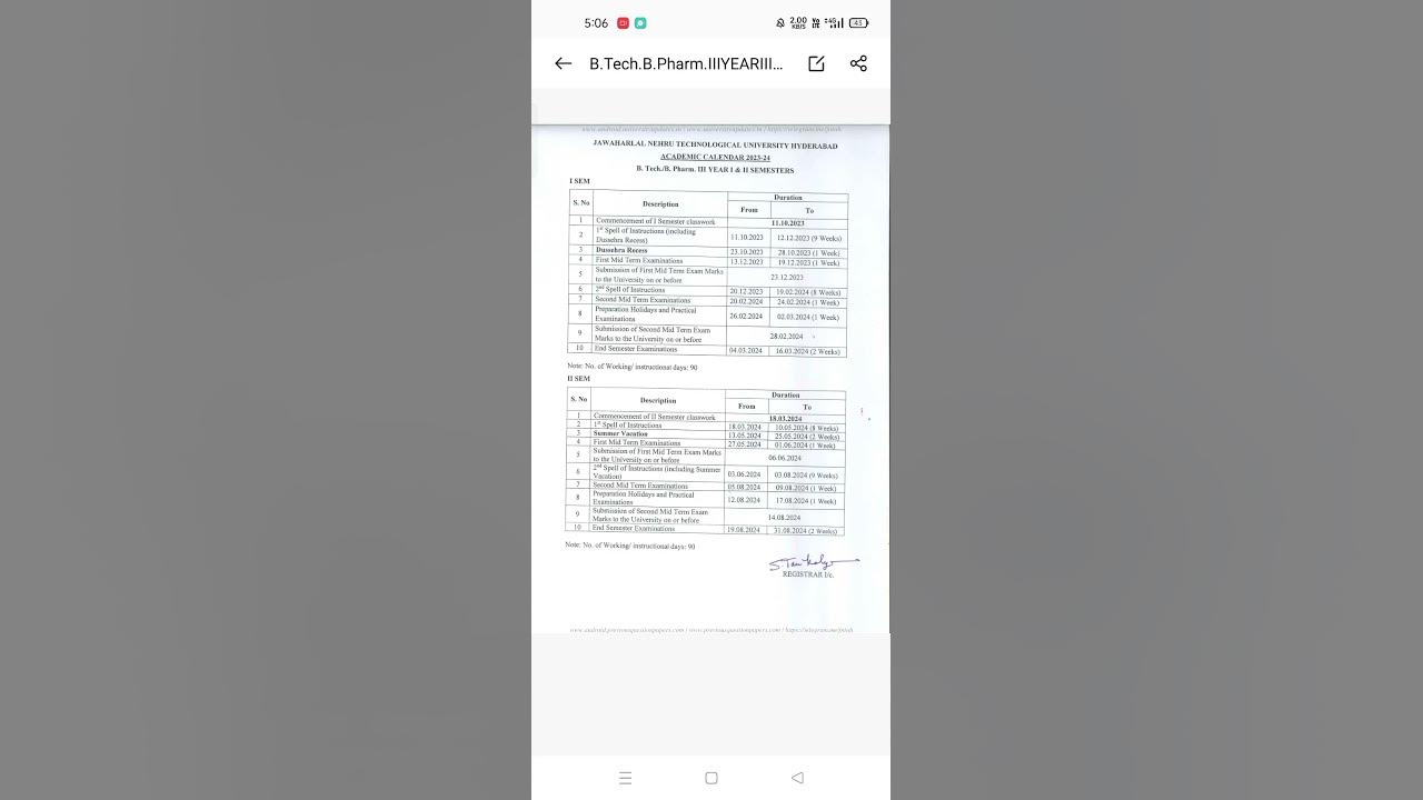 JNTUH B.Tech / B.Pharmacy 3-1, 3-2 Semester Academic Calendar for