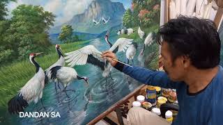 Lukisan Burung Bangau Cantik karya Pelukis Dandan SA - Cianjur / Crane Paintings /Acrylic Painting