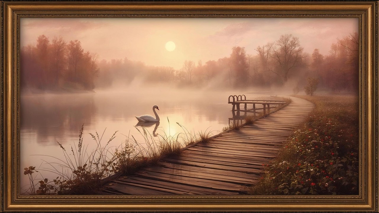 Romantic Vintage Swan Sunrise 🌅🦢 | Misty Lake Pier & Golden Morning Art