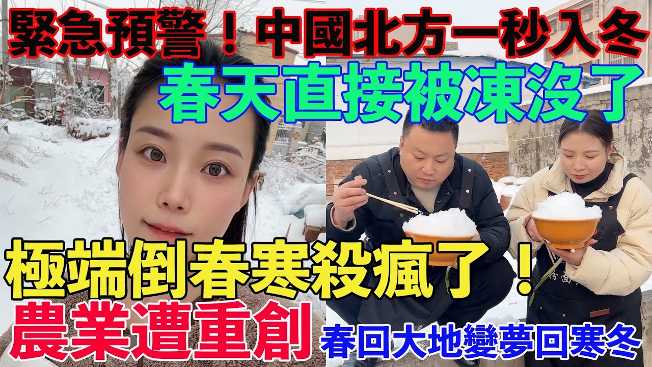 緊急預警！北方一秒入冬，春天直接被凍沒！剛收羽絨服就被打臉！極端倒春寒殺瘋了！北方大雪封城，農業遭重創！氣溫大跳水！北方從春天直接蹦回冬天。春天“詐屍式”降溫，天氣徹底失控，春回大地變夢回寒冬！