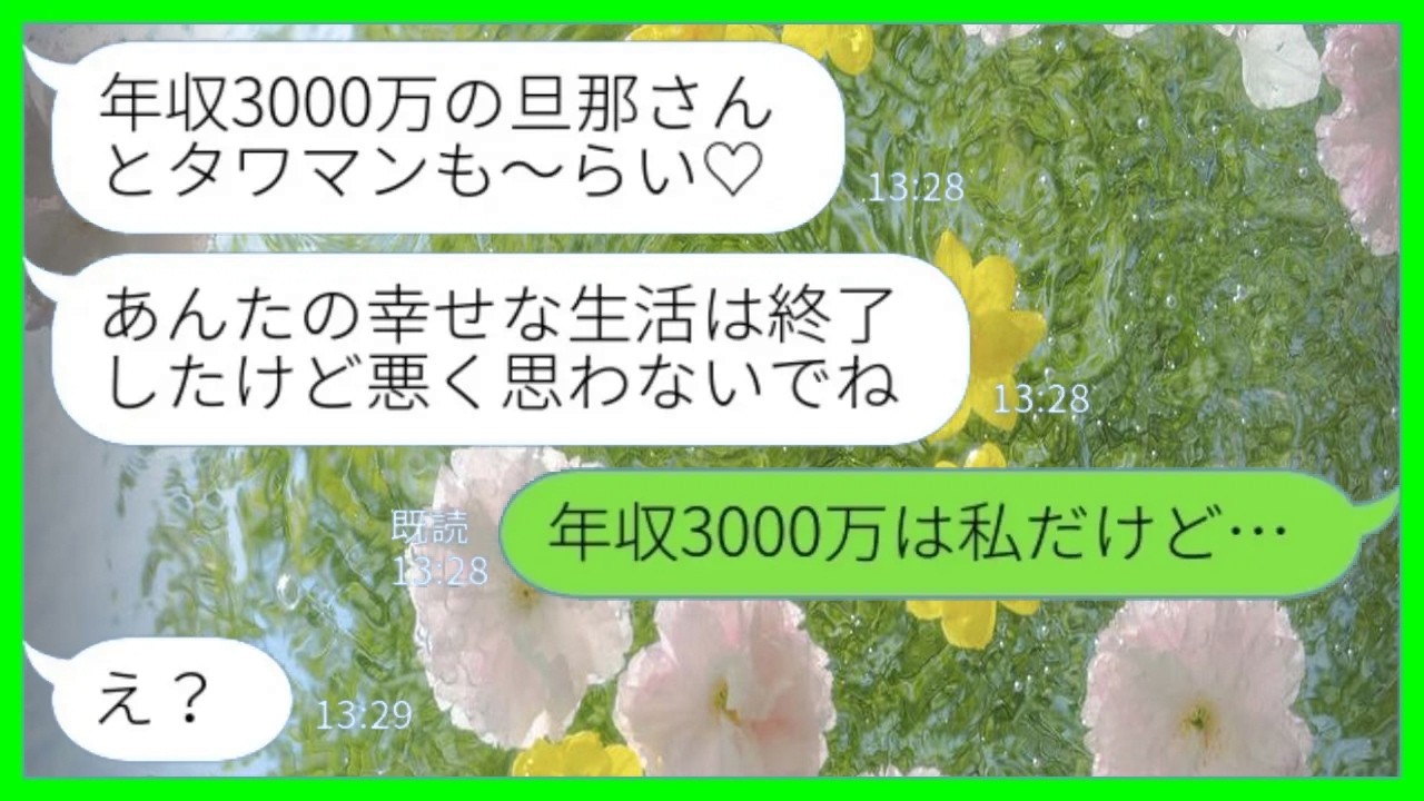 【LINE】夫を奪った同級生「年収3000万の旦那さんとタワマンも～らい♡悪く思わないでねw」私「年収3000万は私だけど…」→勘違い女の玉の輿計画、秒で崩壊www