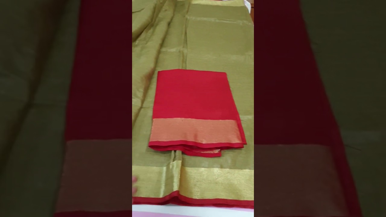 Golden brown plain Linen Saree with Contrast Red Blouse