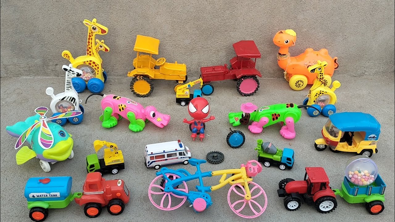 Hen cng auto rickshaw jcb giraffe dinosaur spider man miniature cars and jeep 