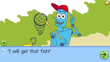 Starfall Learn to Read, short vowel pals, short i (tin man sits book)