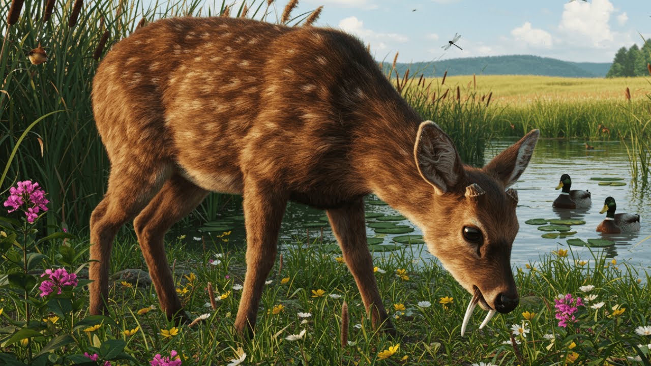 🌿 Meet the Chinese Water Deer 🦷 Nature's Fang-Faced Swimmer