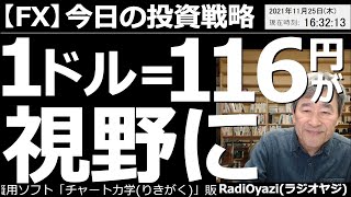 【為替(FX)－今日の投資戦略】１ドル＝116円が視野に。ドル円の上昇が止まらない。金利(10年債利回)も直近最高値1.70に接近。感謝祭で板が薄くなる今晩、116円突破ありえる。予想レンジなど提示。